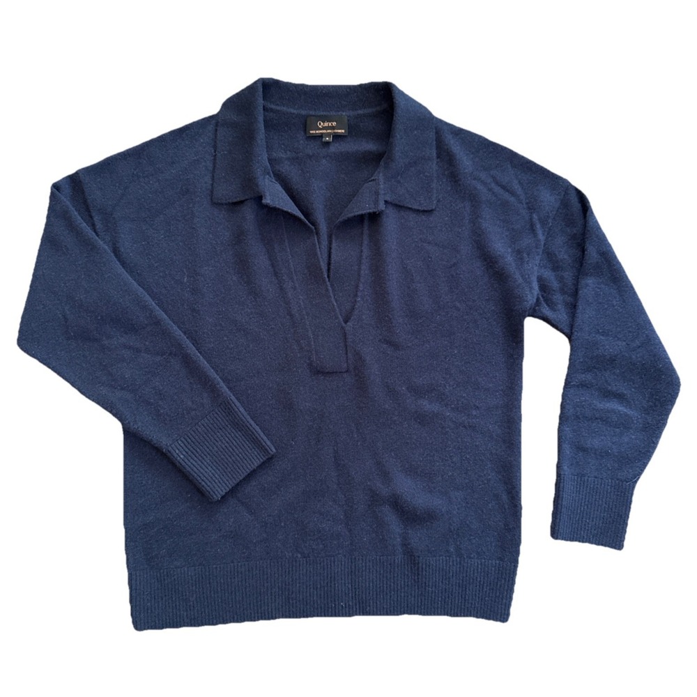 Quince 100% Mongolian Cashmere Polo Sweater Women Small Navy Blue Johnny Collar